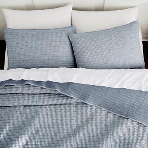 WDCOZY Chambray Pick Stitch Twin Size Quilt Set, Denim Blue Striped Lightweight Soft Summer Spring Bedspread, Bamboo Linen Like Textured Coverlet, Farmhouse Country Rustic Bedding, Thin Comforter