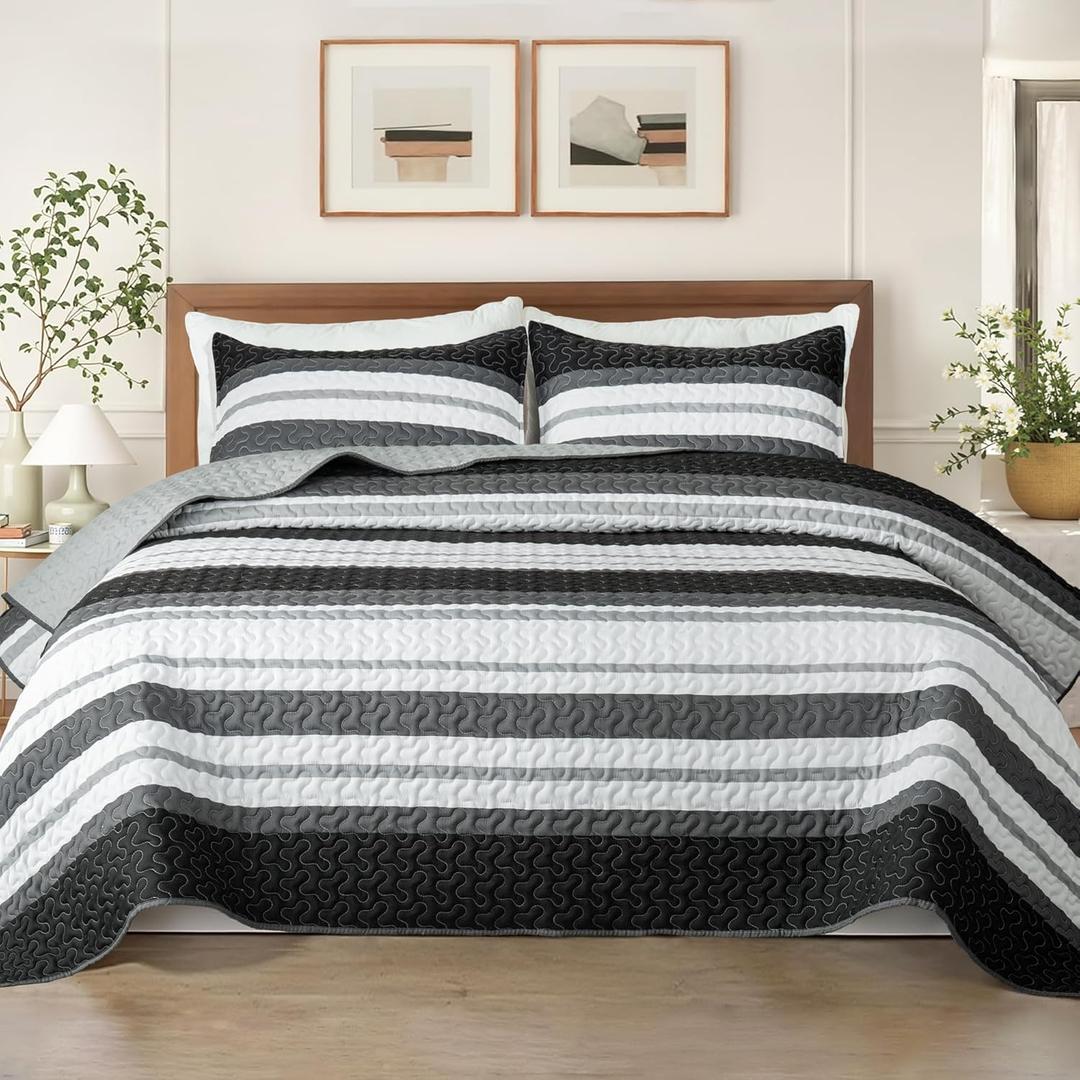 Whale Flotilla Full Queen Size Quilt Set - Reversible Black Quilts Queen Size with 2 Pillow Shams, Lightweight Boho Striped Bedspreads Coverlet Bedding Set for All Seasons