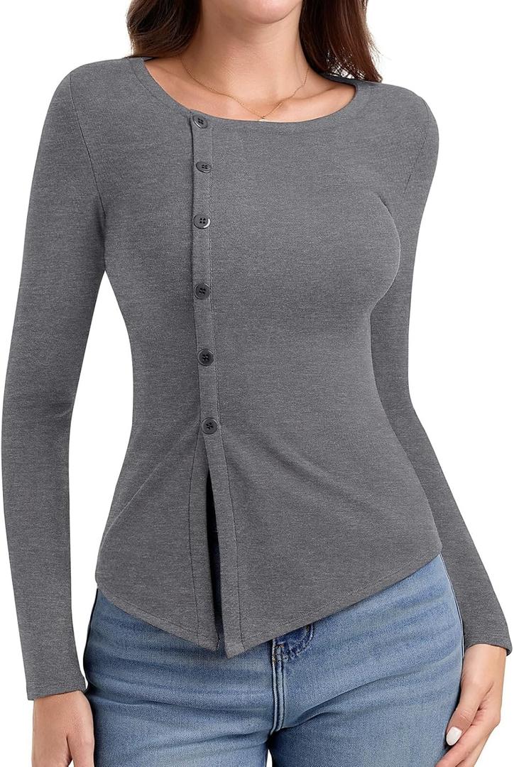 PINKMSTYLE Womens Asymmetrical Long Sleeve Shirt Casual Tunic Tops for Leggings Teacher Shirts (Gray, L)