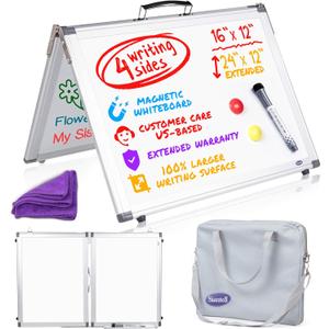 Small Dry Erase White Board  Magnetic Desktop Whiteboard - 16x12 inch 4 Sides Portable Whiteboard for Kids - Tabletop Mini Easel with Cover Bag for Office Desk, Students, Teachers (Silver)
