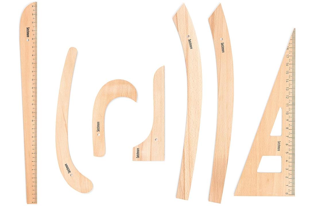 7 Piece Beech Wood Sewing Ruler Set, Wooden Pattern Making & Drafting Tools for Dressmaking Tailoring & Fashion Designer, with Straight Edge, Triangle, French & Hip Curve & Vary Form Curve