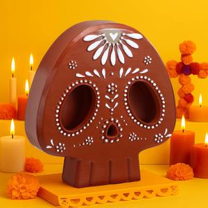 Day of the Dead Mexican Skull Figurines7.9 Inch Resin Skull Decor Dia De Los Muertos Statue Terracotta Floral Tiered Tray Decor Table Centerpiece for Halloween Desk Mantel Home Decoration Gifts
