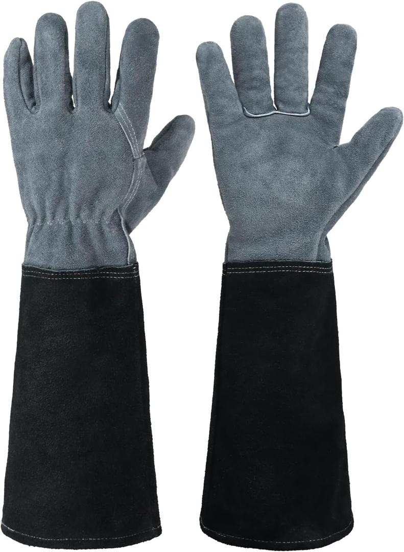 HANDLANDY Long Gardening Gloves for Men & Women, Cowhide Leather Rose Pruning Gloves, Breathable Thorn Proof Gauntlet Glove (Dark Grey-Black, M) (Medium (Pack of 1))