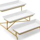 Yedio 3 Tier Serving Tray Set 14 Inch Porcelain Tiered Serving Platters, Collapsible Sturdier Stand with Stable Cross Bars, Three Layer Serving for Party Entertaining Food Display Fruit Dessert (15" x 13" x 9", Gold)