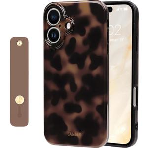 NITITOP Compatible with iPhone 16 Case with Wrist Strap Cute Stylish Leopard Aesthetic Tortoise Amber Design for Women Girls Men Soft TPU Shockproof Protective Cover - Brown