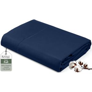 Royale Linens 100% Organic Cotton Full Flat Sheet Only - Super Soft - Percale Top Sheets - Full Flat Sheet Sold Separately - Breathable, Cool & Crisp Lake Blue Sheets Only (81" x 96", Navy)