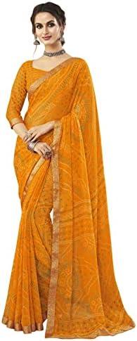 SIRIL Women's Bandhani Printed & Lace Chiffon Saree with Blouse