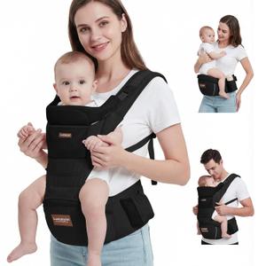 Baby Carrier with Hip Seat, 6-in-1 Baby Carrier Newborn to Toddler, Forward-Facing Carry for Active Babies, Adjustable Detachable Infant Carrier, Hands-Free Baby Holder (Black)