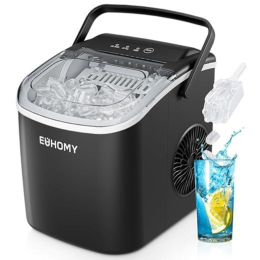 EUHOMY Countertop Ice Maker Machine with Handle, 26.4lbs Per Day, 9 Ice Cubes Ready in 6 Mins, Auto-Cleaning Portable Ice Maker with Basket and Scoop, for Home/Kitchen/Camping/RV (Black)