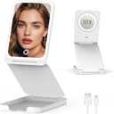 Travel Makeup Mirror with Lights, Foldable 1X Vanity Lighted Mirror with 10X Magnification, Rechargeable 1500mAh Battery, Dimmable Touch Screen, Freely Adjust Height and Angle