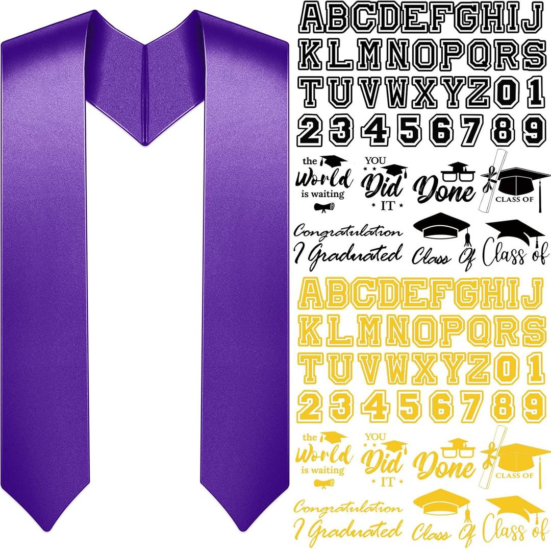 Spakon Unisex Adult Plain Graduation Stole with a to Z Letter 0 to 9 Number Graduation Pattern Badge Decorate Repair Patches (Purple)