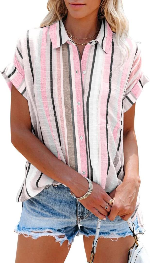 SySea Womens Short Sleeve Striped Shirts Casual Button Down V Neck Work Blouses Tops, M