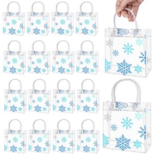 Sweetude 50 Pieces Christmas Snowflake Clear Gift Bags Party Favor Bag with Handles Gift Bags Plastic Winter Wine Gift Tote Bags for Birthday Wedding Party Supplies(Blue,6.3 x 5.91 x 3.15 Inches)