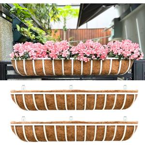 LaLaGreen Deck Railing Planter Boxes (2 Pack, 48 Inch) White Metal Rectangular Window Flower Box with Coco Liner, Wall Hanging Planters for Outdoor Plants Rail Fence Balcony Patio Porch Garden Decor