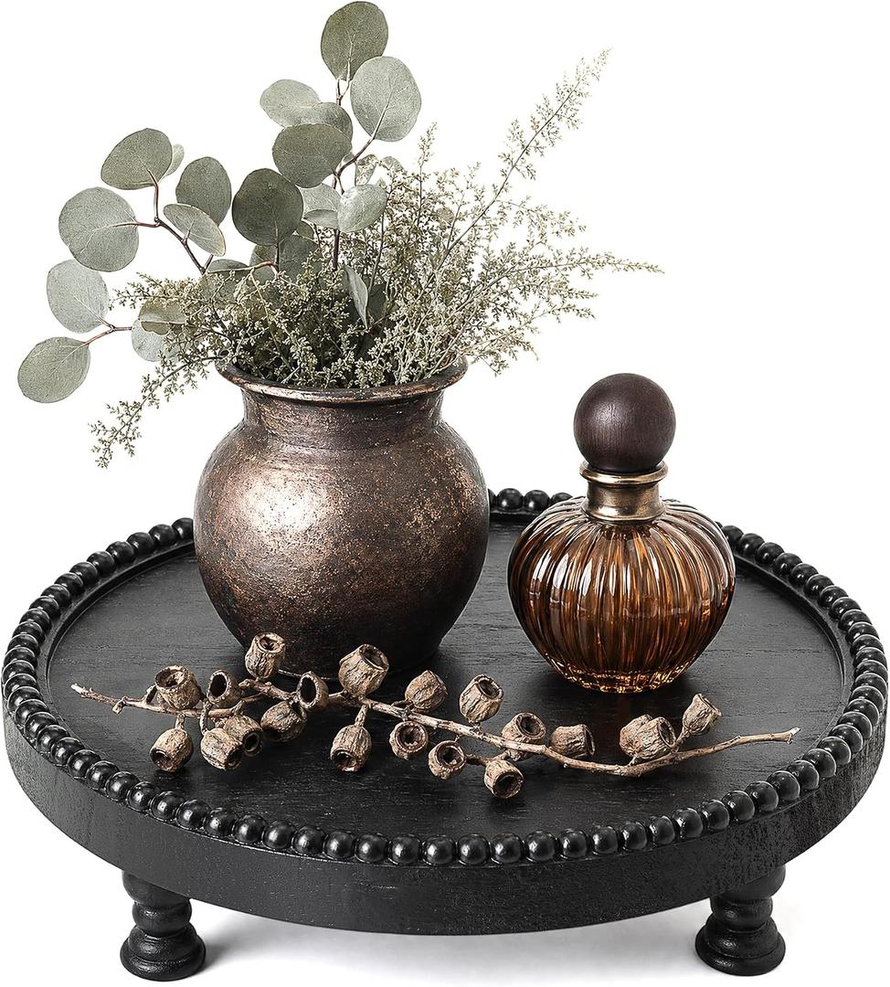 EOSAHR Pine Wood Rustic Round Display Riser for Room Decor– Beaded Pedestal Tray Stand for Cake Stand, Plant Stand - New House Essentials, Boho Home Decor or Bathroom Decor Accents (Black)