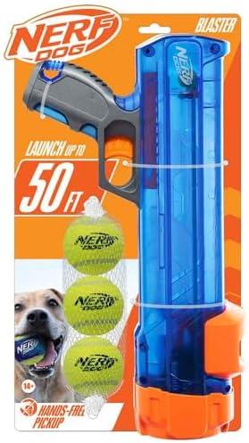 Nerf Dog Tennis Ball Blaster Dog Toy Gift Set, Tennis Ball Dog Fetch Toy Launches up to 50 ft, Dog Ball Thrower for All Breeds Includes Translucent Blue Tennis Ball Launcher and 3 Dog Tennis Balls