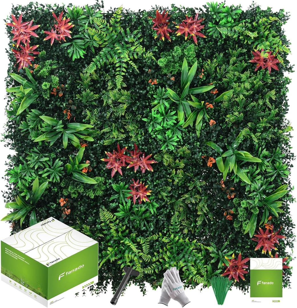 Grass Wall Panels 12 Pack 20"x20", Artificial Hedge Greenery Wall Backdrop, Plant Wall, UV Protected Privacy Fence Screen, Green Wall Decor for Outdoor Indoor Wedding Dcor (Red Maple)