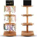 2 Pcs Bracelet Holder 3 Tier Wooden 360 Rotating Jewelry Holder Organzier with 36 Hooks, Tree Stand Vendor Booth Display with Advertising Board for Vendors(Natural Color,Square)