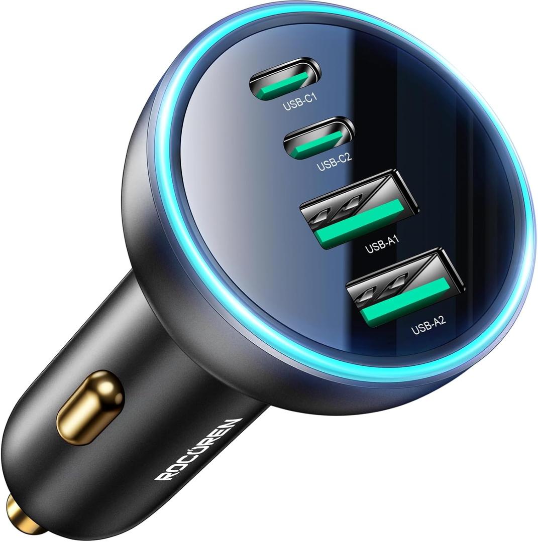 70W USB C Car Charger, Rocoren 4-Port PD Super Fast Charging Type C Car Charger for Multiple Devices, Cigarette Lighter Adapter, USBC Phone Adapter for iPhone 17/17 Air/16/15 Pro Max,Samsung S25,Pixel
