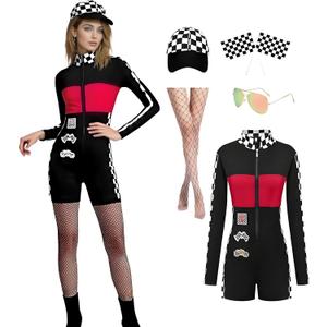 Race Car Driver Costume Women, Racing Jumpsuit Set Racing Suit Onesie Jacket for Adult Halloween Cosplay Outfit (Black, X-Large)