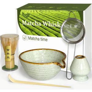 Vaiheng Matcha Whisk Set with Matcha Bowl, Matcha Whisk Holder Matcha Bamboo Whisks, Scoop, Sifter, Mothers Day Gifts for Women Mom Her Girl Friend Home Kitchen Decor Kit for Tea Enthusiasts