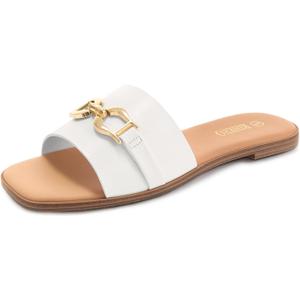 Rihero Women's Flat Sandals Summer Comfortable Square Open Toe Slip On Leather Slide Sandals (6, White)