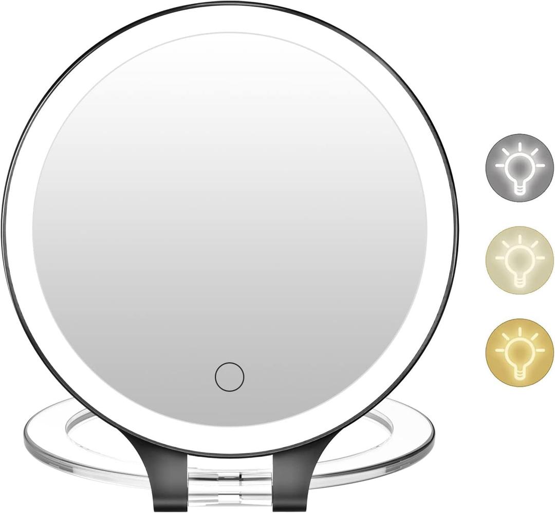 FASCINATE Magnifying Mirror 10X 1X Double Sided Magnification Makeup Vanity Mirror Rechargeable Lighted Mirror with 3 Color Setting Adjustable Rotation LED Vanity Desk Mirror (Black)