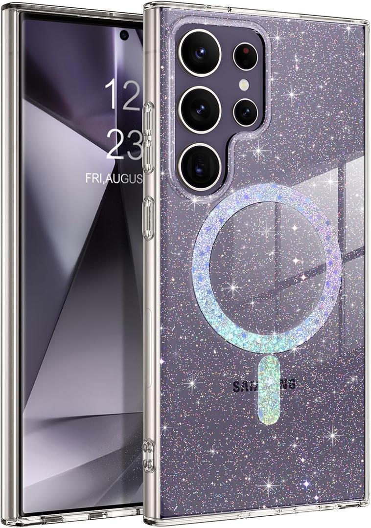 DOMAVER Magnetic for Samsung Galaxy S24 Ultra Cases Clear Glitter [Compatible with MagSafe] Bling Sparkle Soft Protective Cover Compatible with Samsung S24 Ultra-Clear
