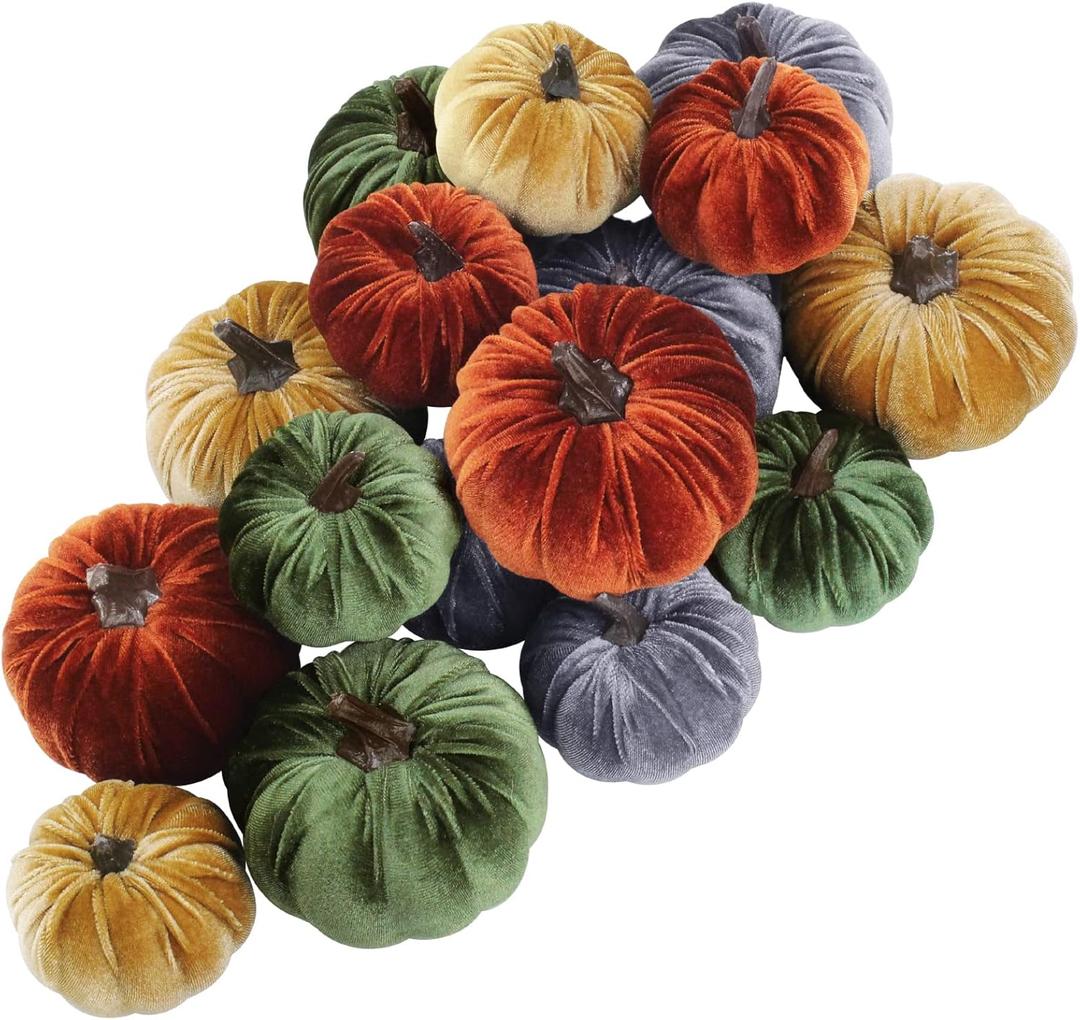 Winlyn 16 Pcs Assorted Small Faux Rustic Harvest Velvet Pumpkins Decorative Rust Orange Gold Olive Gray Fabric Pumpkins Foam Pumpkins Farmhouse Fall Thanksgiving Halloween Table Centerpiece Decor