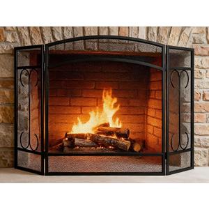 Gtongoko 3 Panel Fireplace Screen 48" W x 29" H Modern Wrought Iron Decorative Large Fire Spark Guard Grate Heavy Duty for Living Room Home Outdoor Decor - Black
