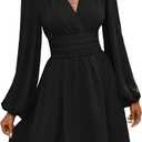 SOLY HUX Women's Elegant Dress V Neck Long Sleeve High Waist Swing Prom Cocktail Short Dresses Plain Black Large