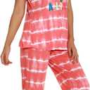 Lu's Chic Women's Cute Pajama Set Cotton Capri Loungewear Soft Short Sleeve Pjs Comfy Pants Lounge Two Piece Patterned Print Sleepwear Orange, Small