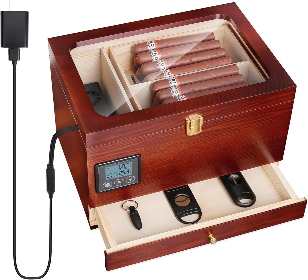 Cigar Humidor Cabinet with Electric Humidifier Precision Humidity Control Digital Display Double-Layer Cedar Shelves Glass Top Accessory Drawer, 65-Cigar Capacity, Father's Day Gift for Men (Brown)