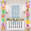 Happy Easter Porch Banner with Bunny Egg tulip Party Front Door Sign Spring easter backdrops Wall Hanging Spring Decorations for Home Office Farmhouse Holiday Decor