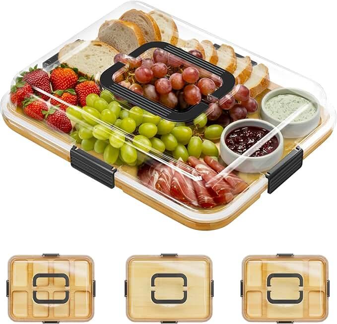 SpaceAid Charcuterie Board with Clear Lid, Portable Travel Cheese Cutting Boards for Picnic Accessories, Bamboo Serving Tray with Lids, House Warming Gifts, Black Handles, 1 Compartments