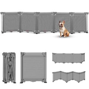 100" Wide No Drill Free Standing Pet Gate 24" Tall Folding Gate Short Dog Gates to Step Over, 5 Dog Fence Panels Extra Wide Pet Gate Foldable Dog Gate, Dog Barriers for Home Indoor Mesh Pet Gate, Gray