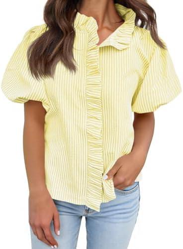 Tankaneo Womens Short Puff Sleeve Button Down Shirts Summer Ruffle Striped Work Tops Stand Collar Trendy Casual Loose Blouse Size L