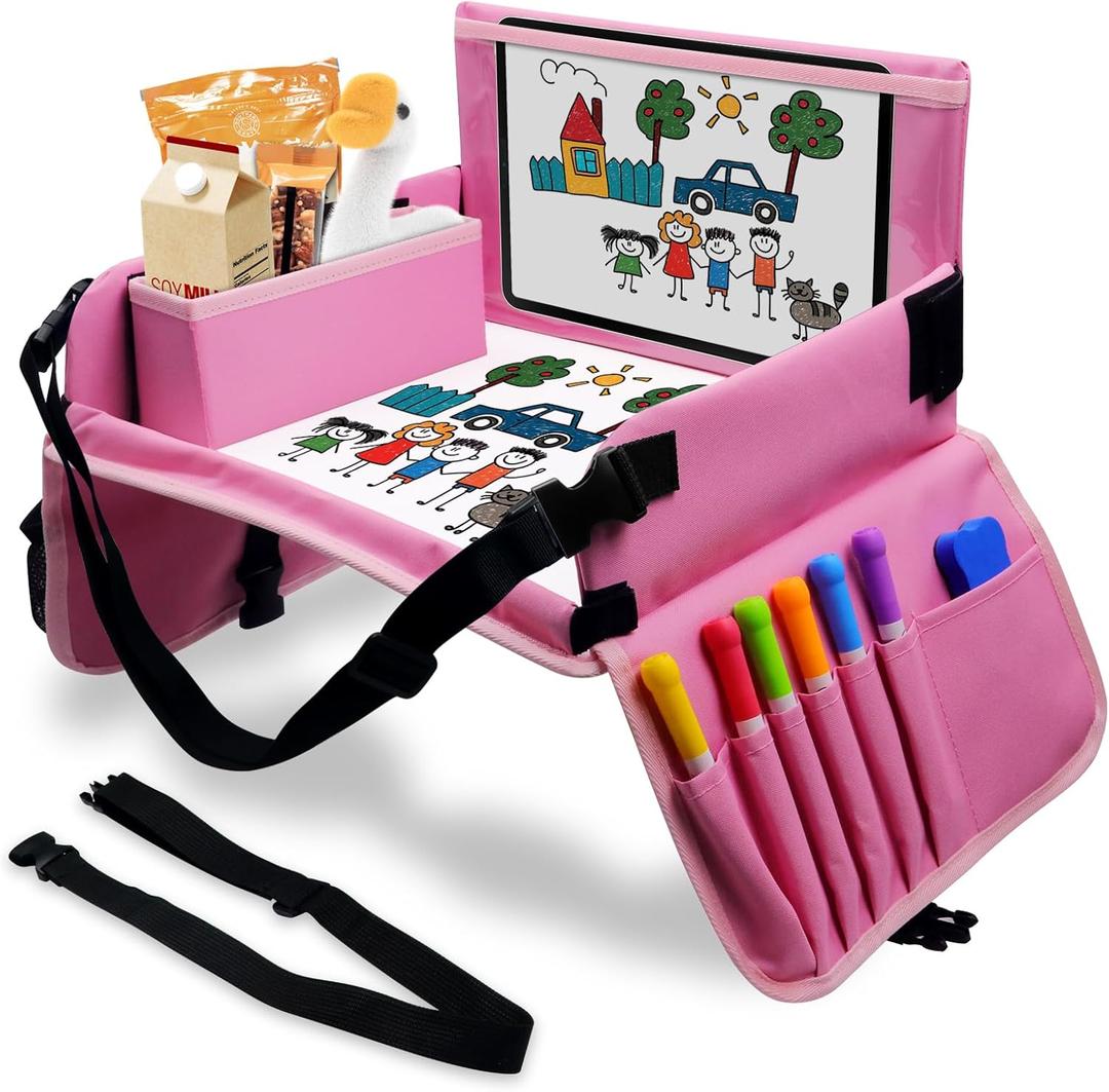 Car Seat Tray for Kids Travel, Carseat Tray for Toddler Road Trip Activities, Car Trays for Kids Road Trip Essentials, Travel Trays for Airplane, Toddler Car Seat Lap Table - Pink