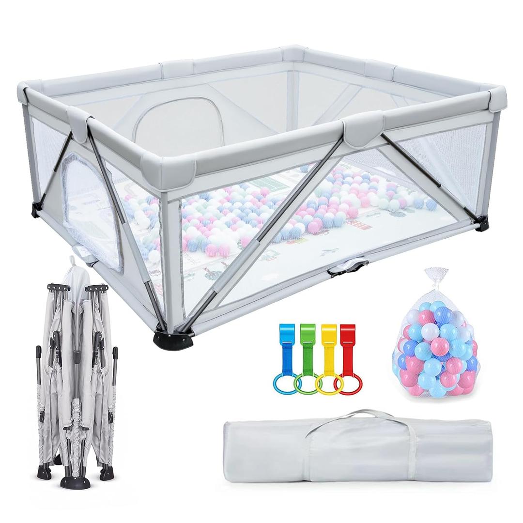 Grey Foldable Baby Playpen, Large Play Yard, Portable Playpen for Babies and Toddlers, Safe and Sturdy with Non-Slip Silicone Feet, Mesh Fabric, Unisex (47*63 Inch)