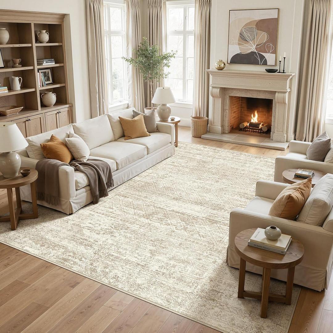 UERMEI Square Area Rugs : Washable 10x10 Neutral Modern Abstract Carpet for Living Room Bedroom - Soft Floor Mat with Non Slip Backing for Kitchen Nursery Dorms Farmhouse Home Decor - Beige/Brown