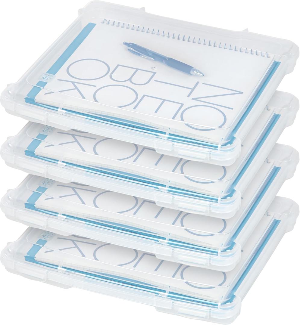 IRIS USA Board Game Storage Craft Organizer Box with Snap-Tight Latch Lid, 4-Pack Portable Plastic Case Bin for Puzzles, Magazines, Hobbies, Art Supplies, Fits 8.5" x 11" & A4 Papers, Slim, Clear