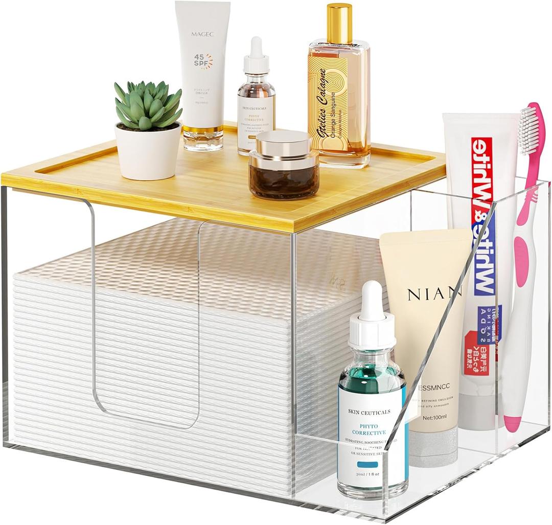 VITVITI Disposable Face Towel Holder Box, Acrylic Clean Skin Club Facial Towel Container, Large Disposable Face Towels Storage for Bathroom Vanity Makeup, Clear