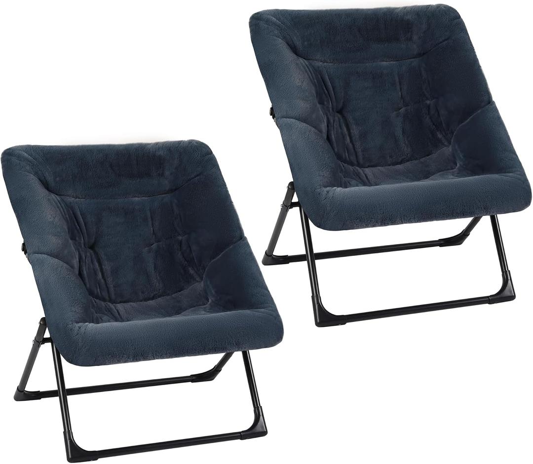Comfy Saucer Chair for Adults, Set of 2, Soft Faux Fur Bedroom Chair, Accent Dorm Chairs, Flexible Living Room Reading Chairs, Oversized Folding Seat for Teens, X-Large, Navy Blue, 31.5 x 33.46 x 30.7 inches