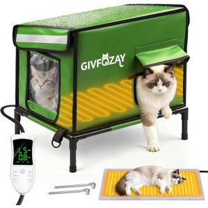 Heated Cat House for Outside use 900D Oxford Cloth, Outside Cat House Weatherproof with Remote Control Heating Pad, Insulated Cat Houses with Sloped Roof for Drainage, Raised Legs to Isolate Moisture
