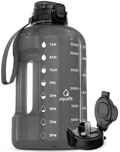 AQUAFIT 1 Gallon Water Bottle with Time Marker - Straw & Chug Lid - BPA Free Gym Water Bottle with Straw - Big Gallon Jug (Gray, 128 oz - 2in1 Lid)