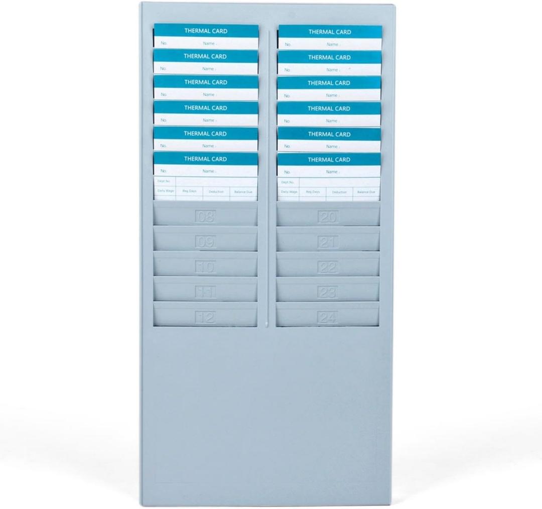 Flexzion Time Card Holder Wall Mount Rack 24 Pocket Slots Compatible with 7" inch Cards Pyramid Series 2000 6000 Attendance Time Payroll Recorder for Office Punch in Clock Out (Gray)