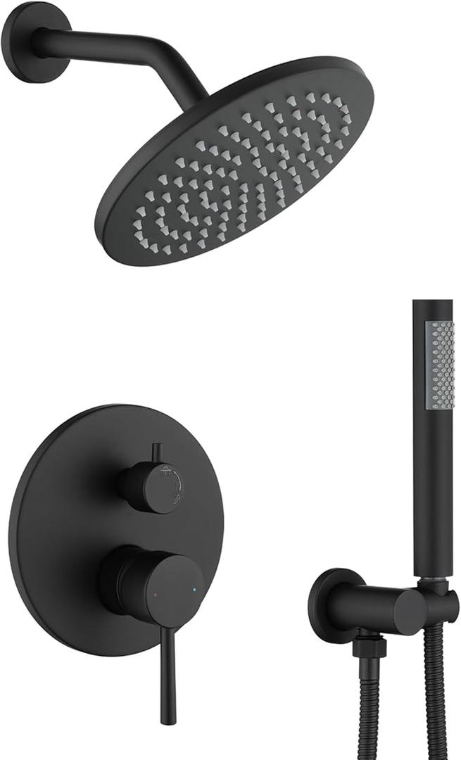 Shower System, Black Shower Faucet Set, 8" Rainfall Shower Head and Handheld Spray Combo, Round Shower Head and Handle Set with Valve and Trim Kit, Matte Black