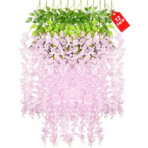 12 Pack Pink Wisteria Hanging Flowers, 3.44 Ft Fake Hanging Flowers, Artificial Wisteria Garland Vines for Wedding Room Backdrop Outdoor Patio Garden Decoration