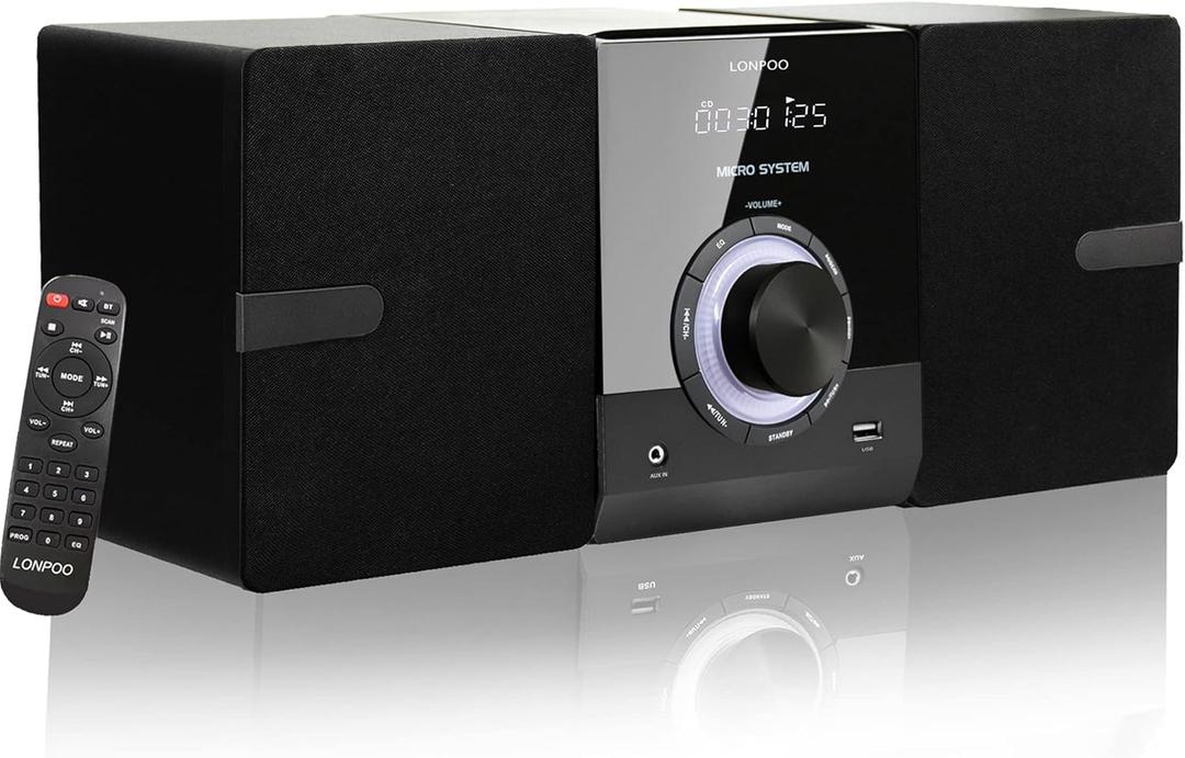 Compact Stereo System Speakers with CD Player, Bluetooth, FM Radio, Aux-in, USB-in, Earphone Jack, DSP-Tech, Remote, 30W Crisp-Sound Shelf Stereo System for Home
