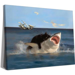 Yaneiro Framed Black Cat Bathroom Wall Art, Funny Quirky Cat and Shark Pictures Canvas Print, Abstract Black Cat Shark Posters Wall Decor for Room Bedroom Living Room Bathroom 12x16 in